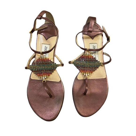 Jimmy Choo Bronze Leather Sandals with Rainbow Jewels Size 35 - Picture 1 of 10